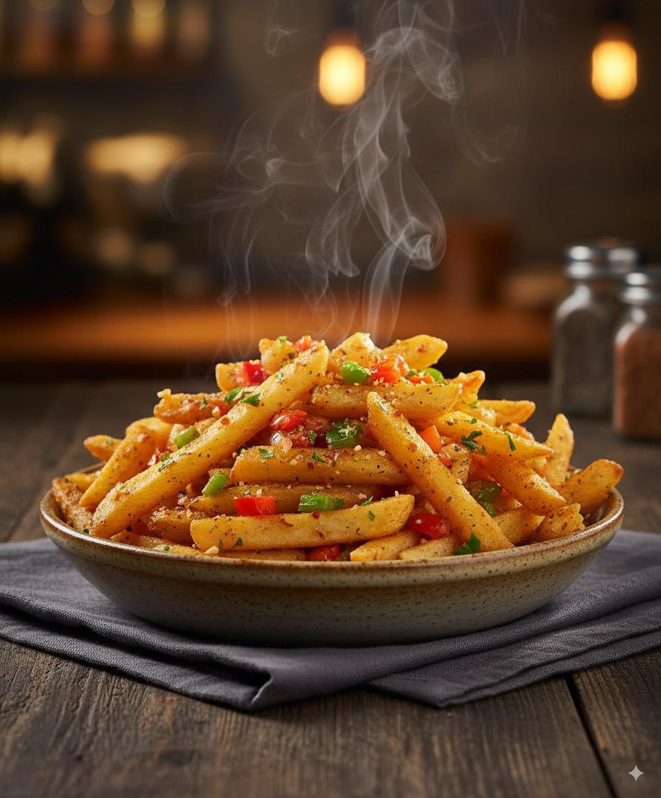 Salt and pepper chips with chilli and peppers